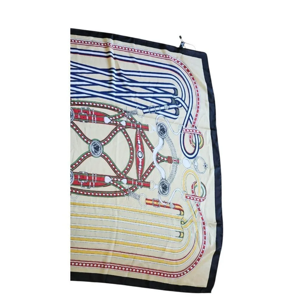 Designer Silk Scarf Beige Gold Red Navy Women’s Equestrian Print Chic Luxury